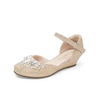 DREAM PAIRS Girls Dress Shoes Toddler Little Big Girls Heels Low Wedge Pumps with Pearls Rhinestone for Flower Girl Princess Wedding Party,Size 9 Little Kid,Gold-Glitter,SDFL2414K