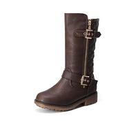 DREAM PAIRS Girls Knee High Winter Motorcycle Riding Zipper Boots,Size 2 Big Kid,Brown,KNICE