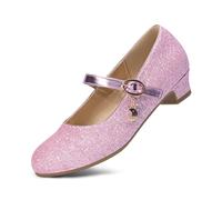 DREAM PAIRS Girls Mary Jane Low Heel Princess Flower Wedding Party Pump Dress Shoes,Size 3 Big Kid,Pink-Glitter,KFL219