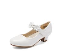 DREAM PAIRS Girls Mary Jane Shiny Bow Dress Shoes Pumps Low Heels Flower Glitter Party Wedding Princess,Size 10 Little Kid,White,SDFL2317K