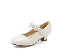 DREAM PAIRS Girls Mary Jane Shiny Bow Dress Shoes Pumps Low Heels Flower Glitter Party Wedding Princess,Size 11 Little Kid,Ivory,SDFL2317K