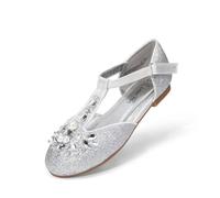 DREAM PAIRS Girls Mary Jane Shoes Flower Girls Shoes with Pearl T-Strap Wedding Party School Girls Flats for Toddler Little Big Kid,Size 6 Little Kid,Silver,SDFL2426K