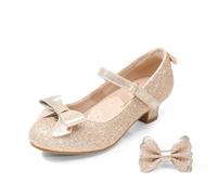 DREAM PAIRS Girls Mary Jane Shoes Toddler Little Girls Heels Sparkly Shoes with Interchangeable Bow for Flower Girl Wedding Party,Size 7 Little Kid,Gold,SDFL2322K