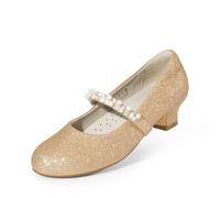 DREAM PAIRS Girls Party Shoes Low Heels for Little Big Girl Mary Jane Shoes with Pearl Rhinestones Flower Girl Pumps Princess Wedding,Size 5 Big Kid,Gold-Glitter,SDFL2403K