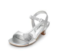 DREAM PAIRS Girls Sandals Ankle Strap Square Toe Low Heel Crysta Shell Wedding Party Flower Dress Shoes,Size 3 Big Kid,Silver,SDSD2420K
