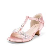 DREAM PAIRS Girls Sandals Ankle Strap T-Strap Low Heel Pearl Bow Flower Pump Dress Wedding Party Shoes for Little Kid/Big Kid,Size 1 Big Kid,Pink,KKUMHS2501