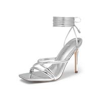 DREAM PAIRS Heels for Women Strappy High Stiletto Lace Up Heeled Sandals Square Open Toe Heels for Prom Party Dating,Size 6.5,Silver-Pu,SDHS2478W