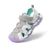 DREAM PAIRS KIDS Camo Sport Sandals,Light Grey/Purple,4 Big Kid