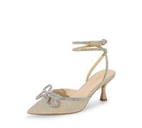 DREAM PAIRS Kitten Heels Rhinestone Bow Ankle Strap Stiletto Pointed Closed Toe Heels for Women Pumps Wedding Bridal Party Dress Shoes,Size 6,Gold,DWUMPU2541