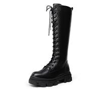 DREAM PAIRS Knee High Boots Women, Fashion Combat Boots Chunky Platform Lace Up Lug Sole Boots For Women, Black/Pu, 4 UK