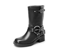 DREAM PAIRS Pull On Comfy Mid Calf Boots for Women, Square Toe Waterproof Motorcycle Biker Boots with Buckles, Fashion Women's Combat Boots with Low Chunky Heel SDMB2405W,Size 7,Black,SDMB2405W