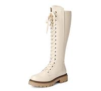 DREAM PAIRS Women Lace-Up Knee High Combat Boots,Beige,3.5