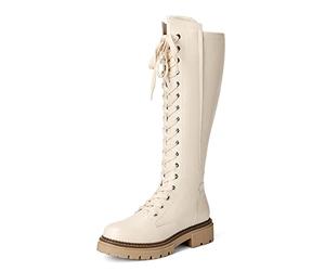 DREAM PAIRS Women Lace-Up Knee High Combat Boots,Beige,6.5