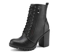 DREAM PAIRS Women’s Chunky High Heel Leather Ankle Booties Lace Up Side Zipper Ankle Boots for Women, Silverado,Size 7,Black,Silverado