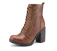 DREAM PAIRS Women’s Chunky High Heel Leather Ankle Booties Lace Up Side Zipper Ankle Boots for Women, Silverado,Size 9,Tan,Silverado