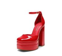 DREAM PAIRS Women’s High Chunky Platform Closed Toe Block Heels Square Toe Ankle Strap Dress Wedding Party Pumps Shoes SDPU2319W,Size 3,Red-Pat,SDPU2319W