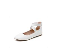 DREAM PAIRS Womens Ballerina Flat Fashion Elastic Ankle Straps Cross Strap Round Toe Comfy Ballet Pumps Dolly Shoes,Size 5,White/pu,Sole_Stretchy
