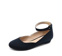 DREAM PAIRS Women's Ballet Flats Pumps Ballerina Ankle Strap Elastic Low Wedge Sandals Round Toe Comfy Dolly Shoes,Size 5,Navy/Suede,REVONA