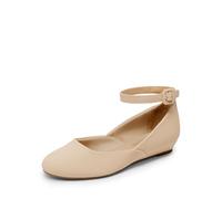 DREAM PAIRS Women's Ballet Flats Pumps Ballerina Ankle Strap Elastic Low Wedge Sandals Round Toe Comfy Dolly Shoes,Size 9,Nude/Nubuck,REVONA