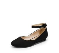 DREAM PAIRS Women's Ballet Flats Pumps Ballerina Ankle Strap Elastic Low Wedge Sandals Round Toe Comfy Dolly Shoes,Size 6,Black/Suede,REVONA