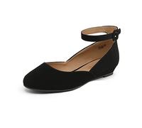 DREAM PAIRS Women's Ballet Flats Pumps Ballerina Ankle Strap Elastic Low Wedge Sandals Round Toe Comfy Dolly Shoes,Size 7,Black/Nubuck,REVONA