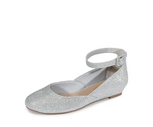DREAM PAIRS Women's Ballet Flats Pumps Ballerina Ankle Strap Elastic Low Wedge Sandals Round Toe Comfy Dolly Shoes,Size 6,Silver/Glitter,REVONA