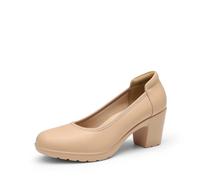 DREAM PAIRS Women's Block Heel Round Toe Pumps,Nude,7.5