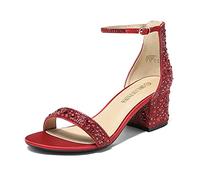 DREAM PAIRS Womens Bridal Sandals Glitter Ladies Mid Low Block Heels Ankle Strap Strappy Wedding Party Evening Prom Open Toe Shoes SDHS2202W,Size 3,Red/Rhinestone,SDHS2202W