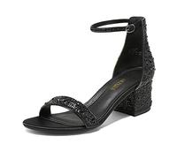 DREAM PAIRS Womens Bridal Sandals Glitter Ladies Mid Low Block Heels Ankle Strap Strappy Wedding Party Evening Prom Open Toe Shoes SDHS2202W,Size 3.5,Black/Rhinestone,SDHS2202W