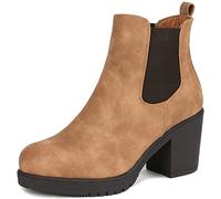 DREAM PAIRS Women's Chunky High Heel Chelsea Ankle Ladies Boots Stylish Suede Fashion Shoes,Size 3.5,Camel/Pu,FRE