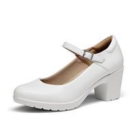 DREAM PAIRS Womens Chunky Low Block Heels Mary Janes Ankle Strap Closed Toe Court Shoes Ladies Comfort Work Pumps Comfy Round Toe Dress Wedding Shoes SDPU2231W,Size 6.5,White,SDPU2231W