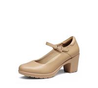 DREAM PAIRS Women's Chunky Low Block Heels Mary Janes,Size 6,Nude