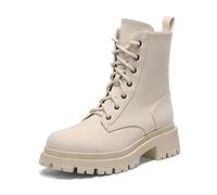 DREAM PAIRS Women's Chunky Mid Calf Boots Lace-Up Zipper,Beige,5