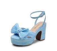DREAM PAIRS Women's Chunky Platform Heels Sandals Pleated Bow Knot Ankle Buckle Strap Heeled Sandals Open Toe Comfortable Wedding Party Dress Shoes,Size 5,Blue-Fabric,SDHS2415W