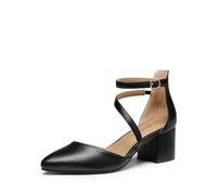 DREAM PAIRS Women's Closed Pointed Toe Low Chunky Heels Pumps Ankle Strap Wedding Business Dressy Shoes SDPU2354W,Size 7,Black-PU,SDPU2354W