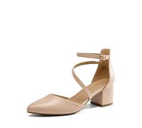 DREAM PAIRS Women's Closed Pointed Toe Low Chunky Heels Pumps Ankle Strap Wedding Business Dressy Shoes SDPU2354W,Size 4.5,Nude-PU,SDPU2354W