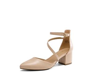 DREAM PAIRS Women's Closed Pointed Toe Low Chunky Heels Pumps Ankle Strap Wedding Business Dressy Shoes SDPU2354W,Size 7,Nude-PU,SDPU2354W
