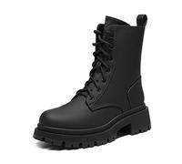 DREAM PAIRS Women's Comfortable Chunky Mid Calf Boots, Stylish and Waterproof Slip Resistant Biker Combat Ankle Booties with Lace-Up Zipper Design,Size 7,Black/Silk Pu,SDMB2203W-E