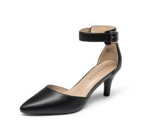 DREAM PAIRS Womens Court Shoes Pointed Toe Low Kitten Heel Ladies Pumps Ankle Strap Dress Sandals,Size 6.5,Black/pu,LOWPOINTED