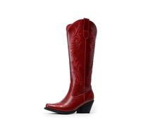 DREAM PAIRS Womens Cowboy Boots Knee High Western Retro Embroidered Cowgirl Boots Comfortable Square Toe Tall Boots,Size 9,Red,SDKB26003W