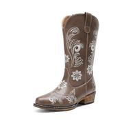 DREAM PAIRS Women's Cowboy Boots Mid Calf Chunky Heel Embroidery Stitched Cowgirl Western Boots,Size 5,Brown,DWUMMB2512