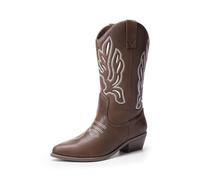 DREAM PAIRS Women's Cowboy Boots Waterproof Mid Calf Boots, Comfy and Fashionable Cowgirl Boots Embroidery Stitched Western Boots for Party and Dress Up,Size 7,Brown-Pu,DWUMMB2419