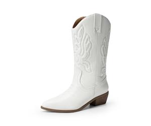 DREAM PAIRS Women's Cowboy Boots,White-Pu,6.5