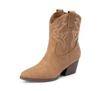 DREAM PAIRS Women's Cowboy Cowgirl Boots Embroidered Stitched Short Western Boots Low Chunky Heel Pointed Toe Ankle Booties,Size 8,Tan,DWUMAB2504