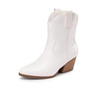 DREAM PAIRS Women's Cowboy Cowgirl Boots Embroidered Stitched Short Western Boots Low Chunky Heel Pointed Toe Ankle Booties,Size 4,White,DWUMAB2504