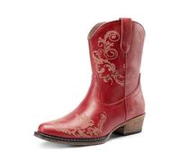 DREAM PAIRS Women's Cowboy Cowgirl Western Ankle Boots Low Chunky Heels Square Toe Fall Short Booties Shoes,Size 5.5,Red,SDAB2407W
