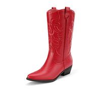 DREAM PAIRS Women's Cowboy Cowgirl Western Mid Calf Boots,Red,8