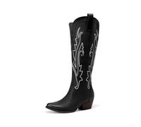 DREAM PAIRS Womens Cowboy Knee High Boots Comfortable Pull On Side Zipper Chunky Heel Embroidered Western Cowgirl Boots Retro Tall Boot for Theme Party Country Concert,Size 9,Black,DWUMKB2501