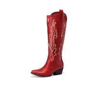 DREAM PAIRS Womens Cowboy Knee High Boots Comfortable Pull On Side Zipper Chunky Heel Embroidered Western Cowgirl Boots Retro Tall Boot for Theme Party Country Concert,Size 7,Red,DWUMKB2501