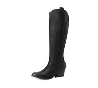 DREAM PAIRS Womens Cowboy Knee High Boots Comfortable Pull On Side Zipper Chunky Heel Embroidered Western Cowgirl Boots Retro Tall Boot,Size 4.5,All Black,DWUMKB2501